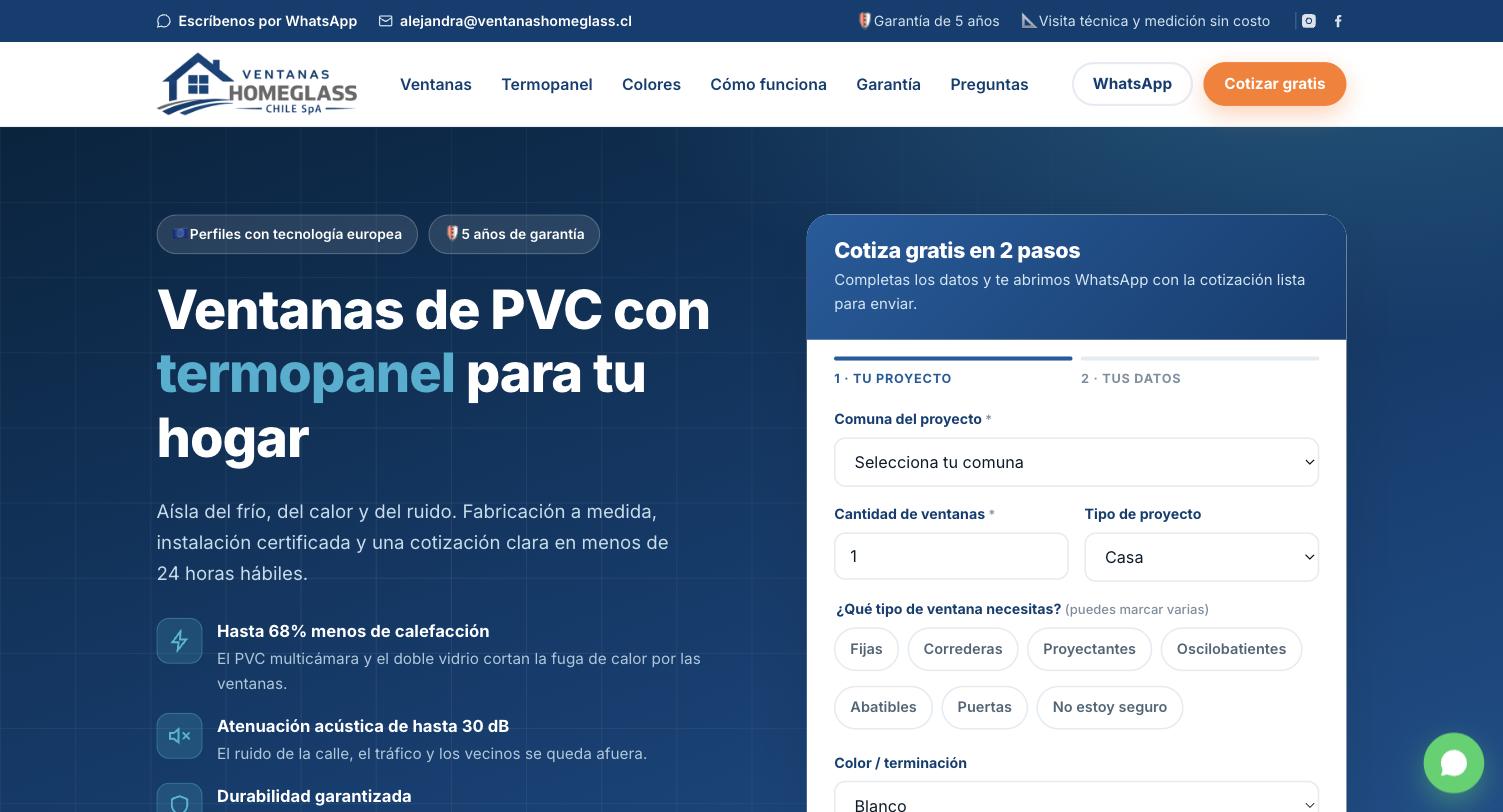 Portada del sitio de Ventanas HomeGlass, con el formulario de cotización en dos pasos